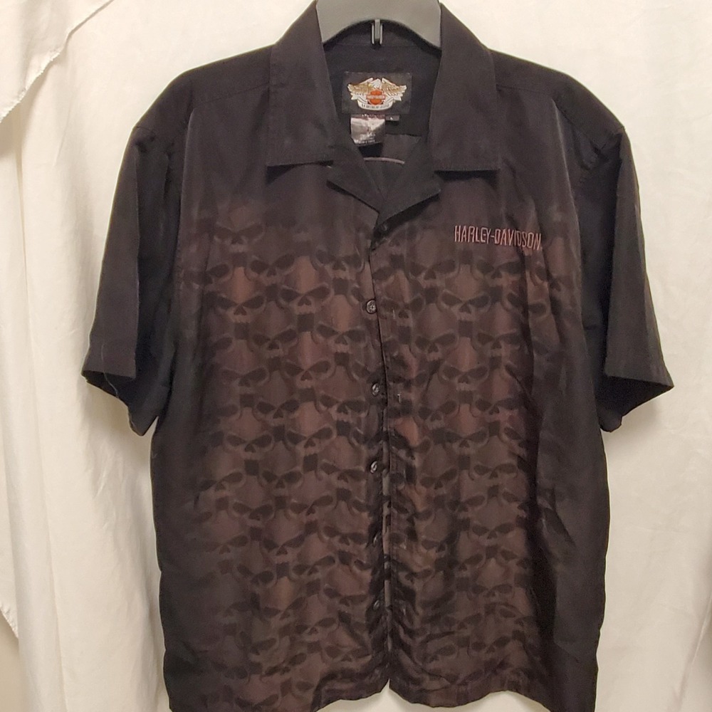 Harley Davidson Button Up Shirt Mens Medium Skull All Over‎ Black Embroidered